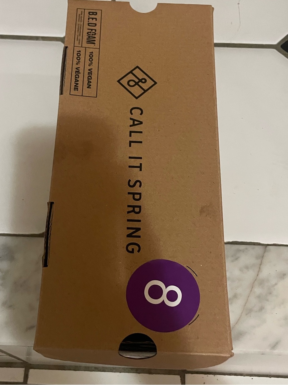 Call It Spring Tan Cardboard Shoe Box with Purple Size Sticker